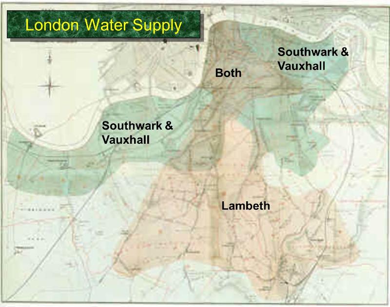 Map of London labeled "London Water Supply." "Southwark & Vauxhall" is labeled in green stretching from the middle left of the image to the upper right. "Lambeth" is labeled in orange and stretches from the bottom center to the bottom right and up to the center top of the image. There is overlap between the green and orange regions in the center and upper center of the map.